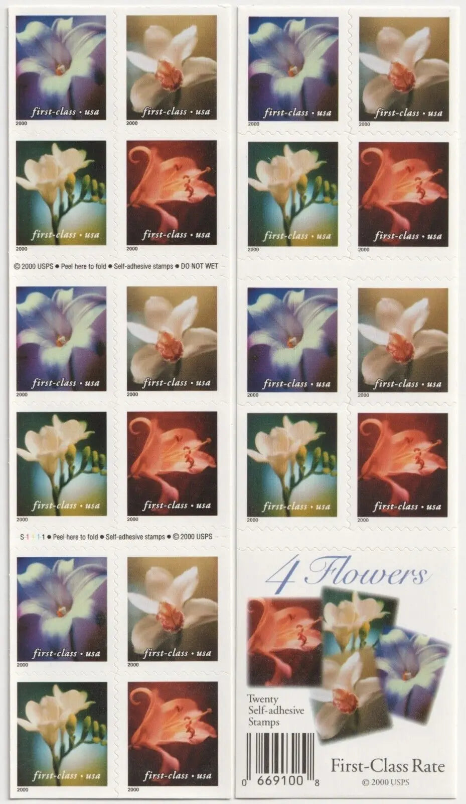 2000 US 34c Self Adhesive Four Flowers First Class Stamp Sheets of 20