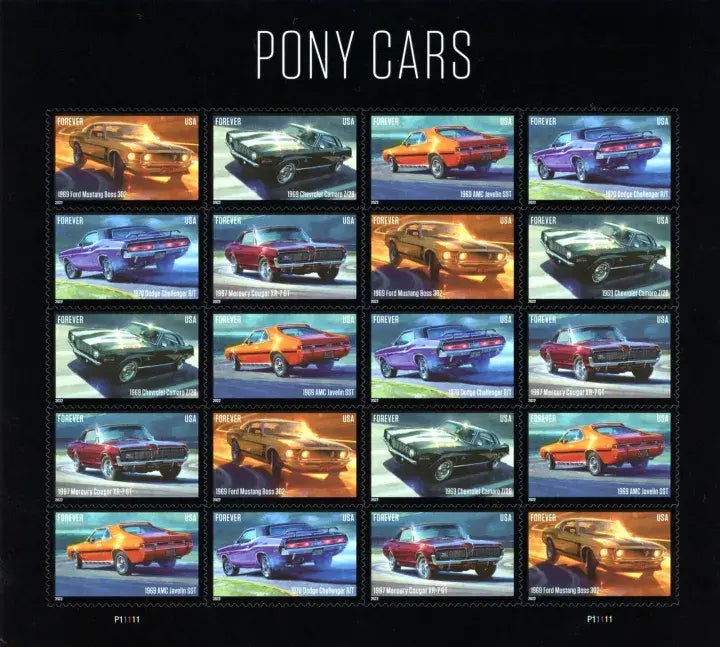 2022  us  pony  cars  stamps Sheets of 20